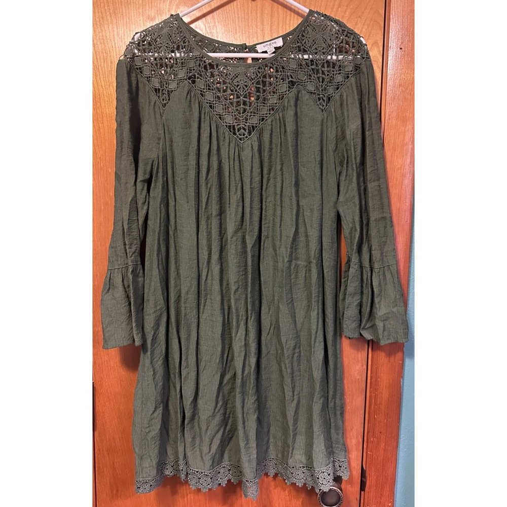 umgee Womens Army Green Crochet Lace Dress Medium